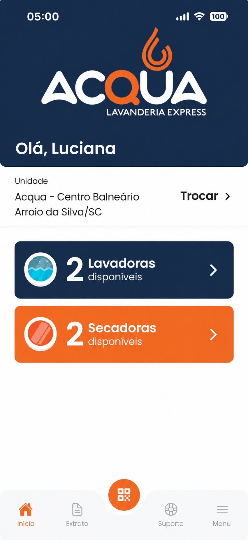 Tela inicial do aplicativo Acqua Lavanderia, mostrando lavadoras e secadoras disponíveis na unidade